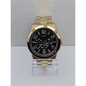 Mens Guess Steel Gold Tone 44mm Day Date Watch 100M Quartz New Battery Classic